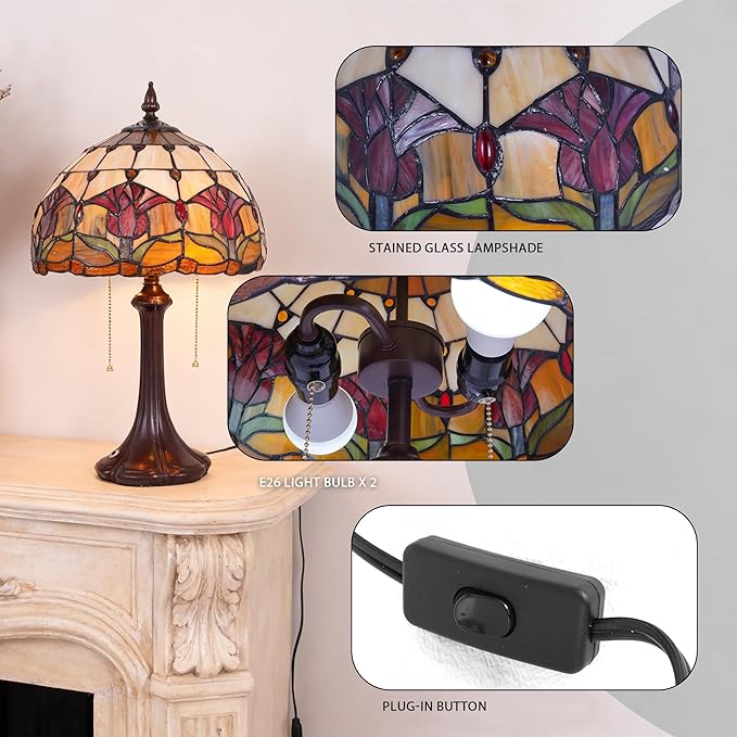 Vintage Table Lamp Stained Glass Lamp Tulip Flower Shades Bedroom Plug in Table Lamp Reading Desk Light for Bedside Living Room Office Dormitory Dining Room Decorate Gift