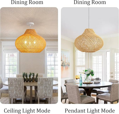 3-Light Rattan Pendant Light,18.9" Round Hanging Light,Wicker Pendant Light Hand-Woven Rattan Chandelier for Workplace Dining Living Bedroom Kitchen Farmhouse