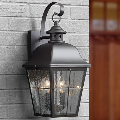 Quoizel Millhouse Outdoor Wall Lantern, 15.5 Inch, 1-Light Mystic Black Traditional Wall Sconce, Clear Seeded Glass, 100W, Exterior Wall Lantern Fixture, Outside Lights for Patio, Porch, or Garage