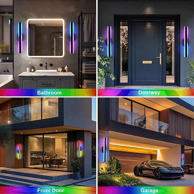 TODOLUZ 2-Pack 24-Inch Outdoor RGB Wall Light Fixture, IP65 Waterproof 16W Dimmable LED Linear Wall Sconce Lighting with Remote Control for Porch Garage Party Gathering