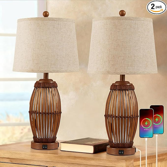 27” Vintage Bamboo Woven Table Lamps Set of 2, Farmhouse Rattan Bedside Lamps for Bedroom Livingroom Office Study with Nightlight and USB A+C, Bulbs Included