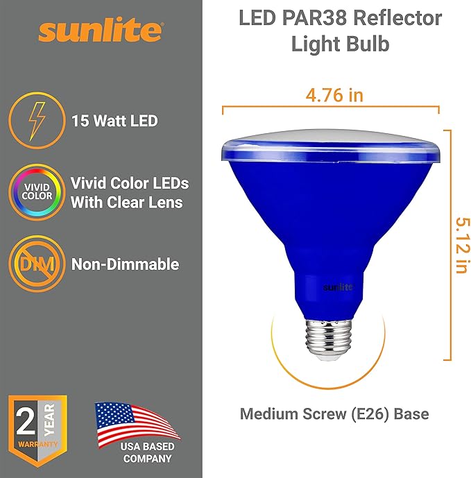 Sunlite 81477 LED PAR38 Colored Recessed Light Bulb, 15 watt (75W Equivalent), Medium (E26) Base, Floodlight, ETL Listed, Blue, 1 Pack