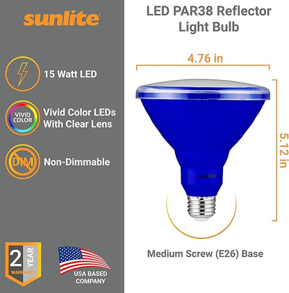 Sunlite 81477 LED PAR38 Colored Recessed Light Bulb, 15 watt (75W Equivalent), Medium (E26) Base, Floodlight, ETL Listed, Blue, 1 Pack