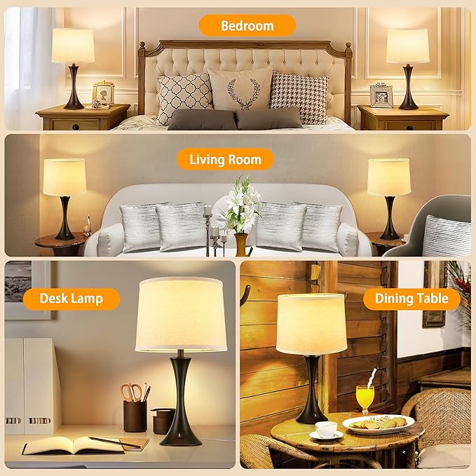 LIT-PaTH Table Lamp for Bedroom Nightstand Set of 2, Bedside Lamps with 3 Way Dimmable Touch Control and USB C+A Charging Ports, Linen Shade Desk Light for Living Room, Black (LED Bulb Not Included)