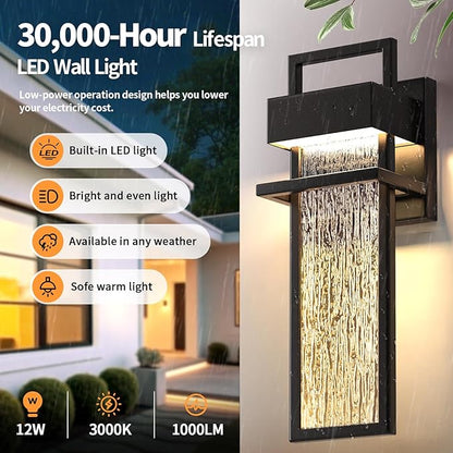 15'' Outdoor Wall Lights 2 Packs, 3000K Integrated LED Outdoor Sconce, Modern Exterior Lighting Fixtures with Rippled Glass, Waterproof Porch Light Outside Lights for House Garage Patio, Black
