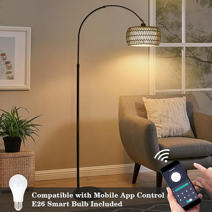 Arc Standing Lamp, Boho Floor Lamps for living room with Remote and LED Dimming Bulb, Rattan Tall Lamp for Bedroom with 3 Color Temperatures, Height Adjustable Farmhouse Stand up Light for Office