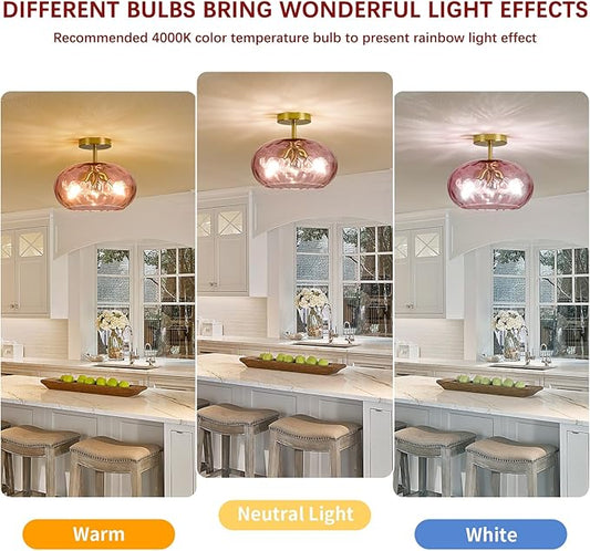 Red Glass Semi Flush Mount Ceiling Light - 12 Inch Hammered Glass Hallway Light fixtures, Vintage Gold Flush Mount Ceiling Light,Mid Century Light Fixture for Entryway Laundry Room Foyer Porch