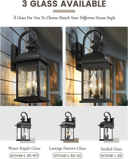 FEMILA 26" Outdoor Wall Light, Large Exterior Wall Lantern with Water Ripple Glass, 3-Light Outdoor Wall Light Fixtures for Entryway, Patio, Garage, and Doorway, E12 Base, 4FD54B-L BK