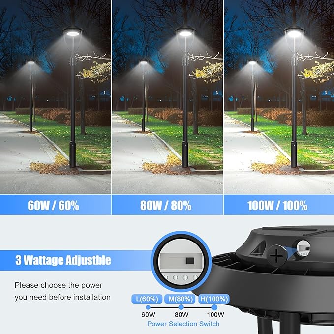100W LED Post Top Light with Photocell, 100W 80W 60W Adjustable 15000Lm 5000K Outdoor Pole Lights, IP65 Waterproof Post Light Fixtures for Garden Yard Pathway Lighting ETL DLC Listed AC100-277V