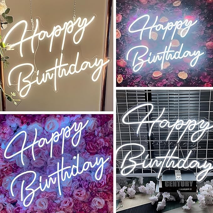30" x 21" Happy Birthday Neon Sign Large Happy Birthday LED Neon Light Signs with Dimmable Switch 12V Power Adapter for Party Wall Decoration Bar Rave Home Decor Backdrop(Cold White,30" x 21")
