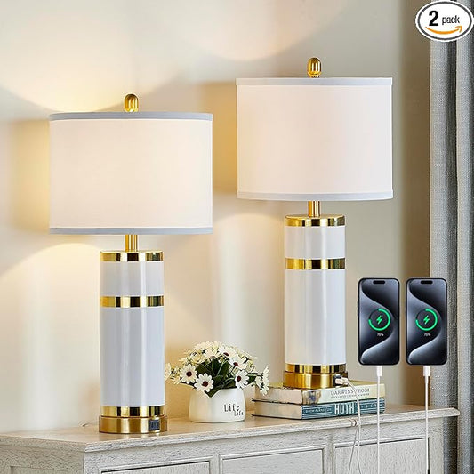 Ceramic White Gold-Plated Decorative 28" Table Lamps Set of 2 with E26 Socket&Rotary Switch,USB A+C Ports,Modern Bedside Lamps for Nightstand,Bedroom,Living Room,Decoration,Office(Bulbs in)
