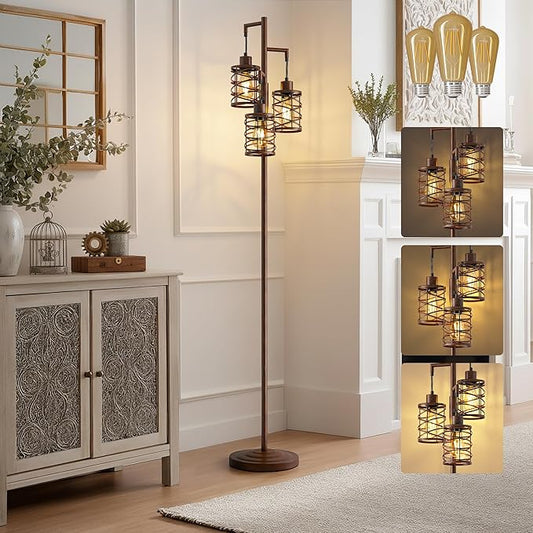 BOBOMOMO 70" Farmhouse Dimmable Floor Lamp, Walnut Brown Industrial Metal Cage Standing Lamp with 3 LED Bulbs, Stepless Dimming Tall Tree Lamp for Living Room, Bedroom, Office, Corner