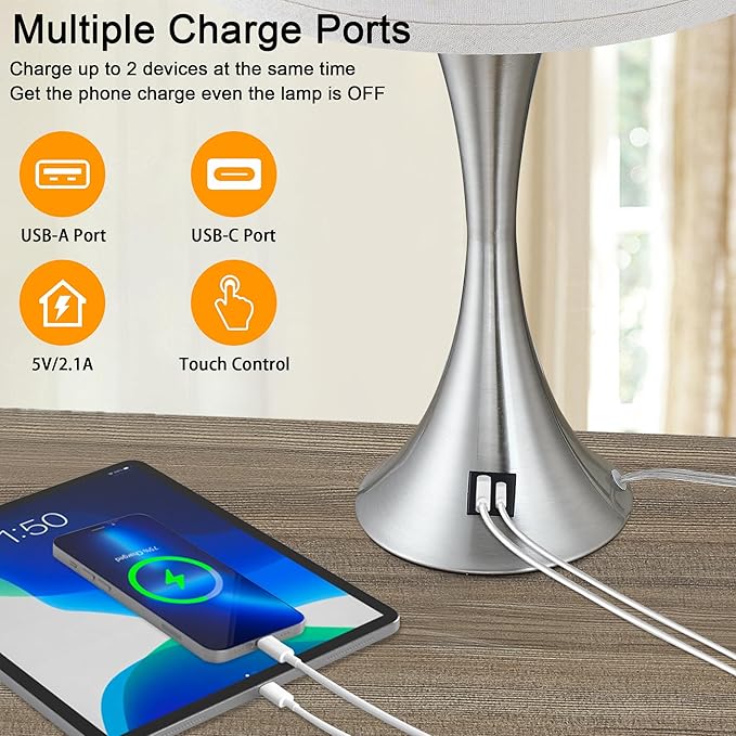 LIT-PaTH Table Lamp for Bedroom Nightstand Set of 2, Bedside Lamps with 3 Way Dimmable Touch Control and USB C+A Charging Ports, Linen Shade Desk Light for Living Room, Nickel (LED Bulb Not Included)