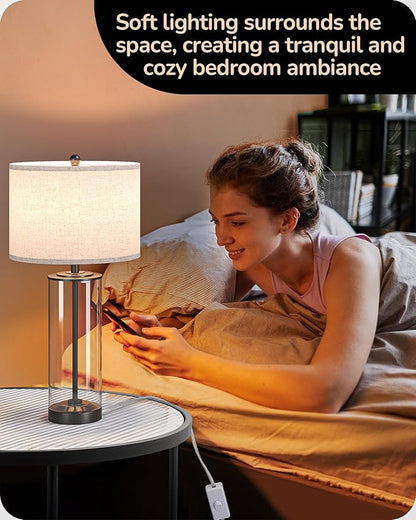 EDISHINE 23.6" Glass Table Lamp Set of 2, DIY Refillable Bedside Lamp with Linen Lampshade & Rotary Switch, E26 Base, Nightstand Light for Living Room, Bedroom, Office