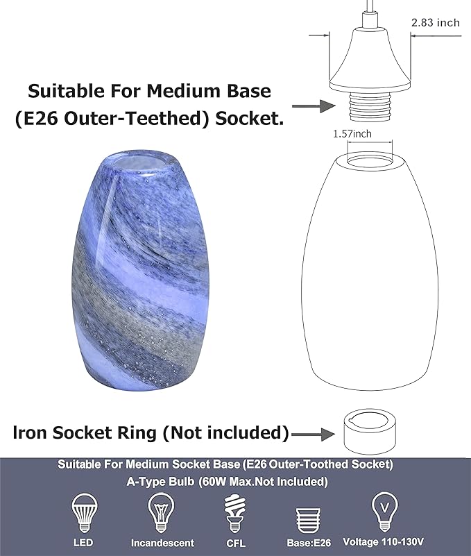 GO&SO Ocean-Blue Gradient Glass Art Lamp Shade -2 Pack Hand-Blown Fluid Flow Texture Pendant Light Shades Replacement,7.8"H Oval Fixture,1.57" Fitter,E26 Base,for Hanging Light Fixtures Kitchen Island