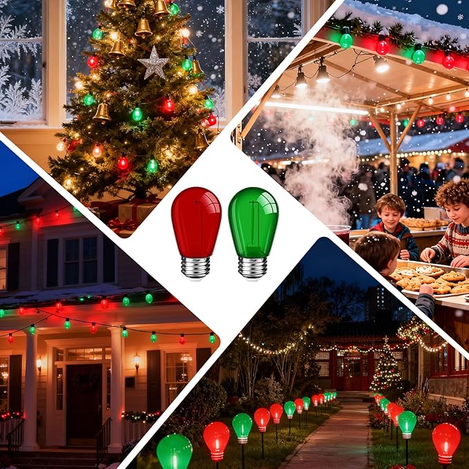 Mudder 60 Pack Light Bulbs 1w Replacement LED Light Bulbs S14 Shatterproof Waterproof String Lights Outdoor Indoor LED Lights Patio Bulb, E26 110v Regular Base(Red and Green,60 Pack)