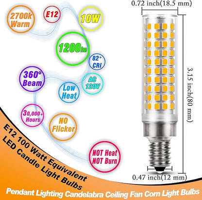 E12 100 Watt Equivalent LED Chandelier Bulbs 10W 2700K Warm White 1200lm 120V C7 T6 E12 LED Candle Light Bulb for Pendant Lighting Candelabra Ceiling Fan Corn Light Bulbs, Non-dimmable, 4 Pack