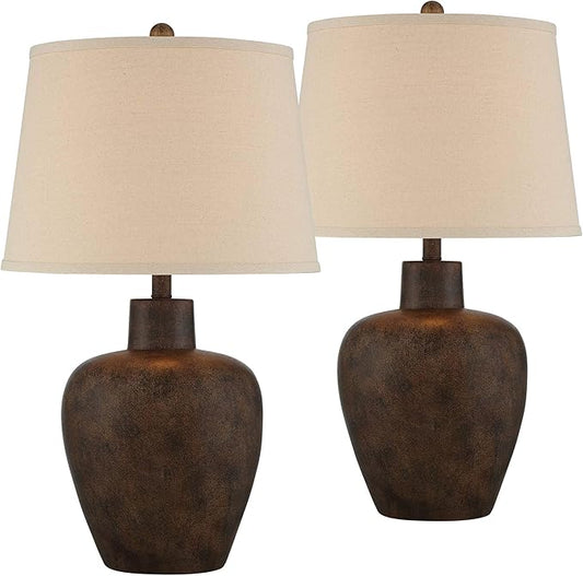 Regency Hill Glenn Farmhouse Rustic Southwestern Natural Cottage Table Lamps 27" Tall Set of 2 Dark Terra Cotta Tapered Fabric Drum Shade Decor for Living Room Bedroom House Bedside Nightstand