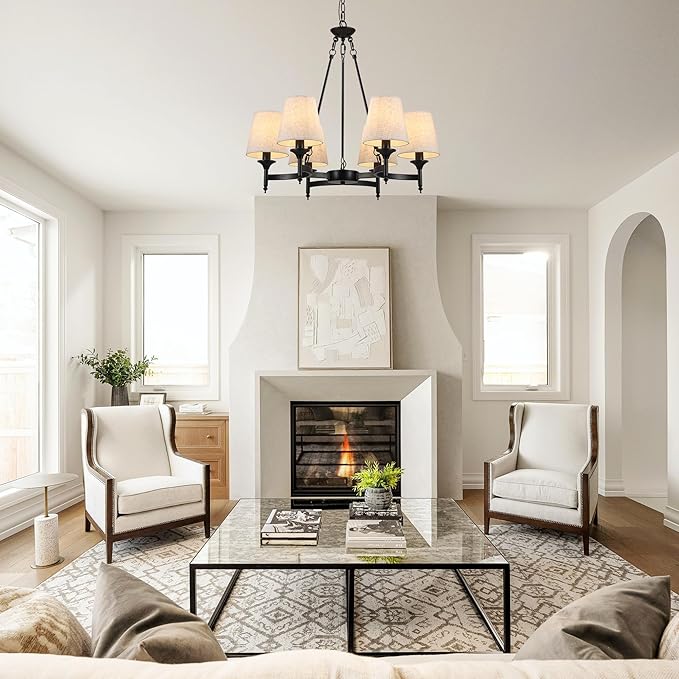 Black Chandeliers for Dining Room Light Fixtures Over Table, 6-Light Modern Farmhouse Round Chandelier with Linen Shades, Vintage Hanging Pendant Lighting for Kitchen Bedroom Living Room