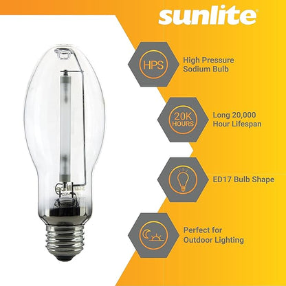 Sunlite 03620-SU LU150/MED High Pressure Sodium Light Bulb, 150 Watts, ED17/MED, Medium Base (E26), ANSI Code S55, 15000 Lumen, 20000 Life Hours, Clear, 2100K