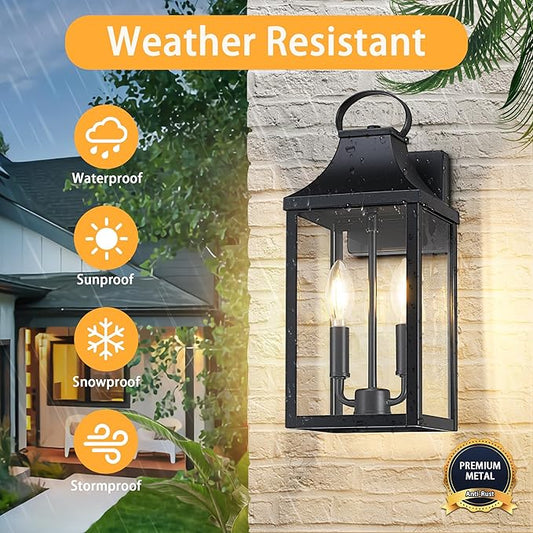 15" Black Outdoor Wall Lantern 2-Light, Outside Modern Wall Sconce Light Fixture, Industrial Porch Light Wall Mount with E12 Sockets, Waterproof Exterior Lamp Lighting, Black