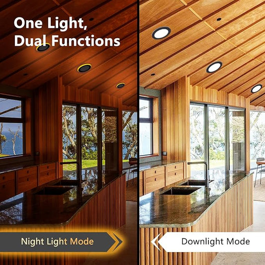 CycevSun 6 Pack Black Recessed Lights 6 Inch with Night Light, Canless Ultra Thin Wafer Downlight Indoor Outdoor Exterior Soffit, Dimmable & 5 Color Selectable, 12W, ETL Listed