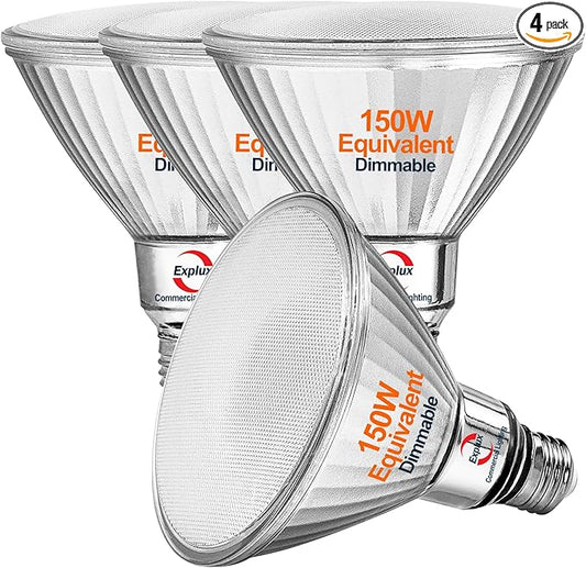 Explux Commercial-Grade LED PAR38, 150W Equivalent, 1800 Lumens, 40000 Hours, Classic Full Glass Flood Light Bulbs, Dimmable, Waterproof & Anti-Ageing, Daylight 5000K, 4-Pack