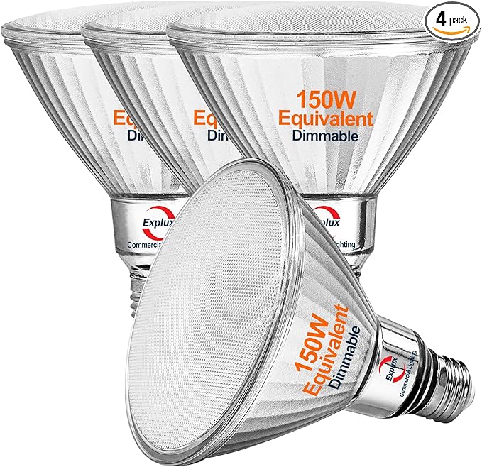 Explux Commercial-Grade LED PAR38, 150W Equivalent, 1600 Lumens, 40000 Hours, Classic Full Glass Flood Light Bulbs, Dimmable, Waterproof & Anti-Ageing, Bright White 3000K, 4-Pack