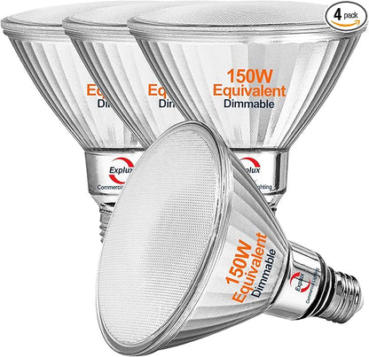 Explux Commercial-Grade LED PAR38, 150W Equivalent, 1600 Lumens, 40000 Hours, Classic Full Glass Flood Light Bulbs, Dimmable, Waterproof & Anti-Ageing, Bright White 3000K, 4-Pack