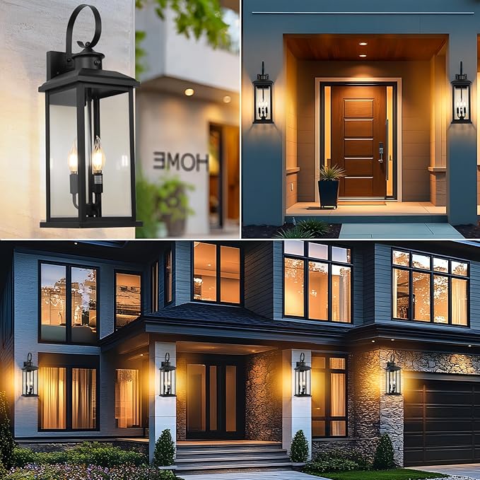 24" Extra Large Outdoor Wall Light Fixture 2-Pack, Black 3-Light Modern Porch Lantern, Waterproof Exterior Lighting Sconce Wall Mount, Outside Lamp for House Garage Patio E12 Base