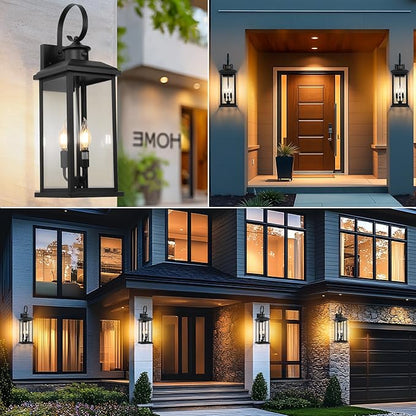 24" Dusk to Dawn Outdoor Wall Light Fixture 2 Pack-Black Extra Large Modern Porch Lantern 3-Light, Waterproof Exterior Lighting Sconce Wall Mount, Outside Lamp for Entryway Garage Coach E12 Base