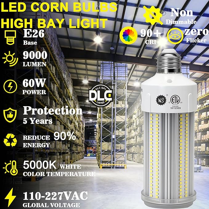 NS LED Corn Light Bulbs 9000 Lumens Super Bright (600W Equivalent), A19 60W E26 5000K Daylight, Energy Saving 90%, Non-Dimmable (1-Set)-for Home Workshop