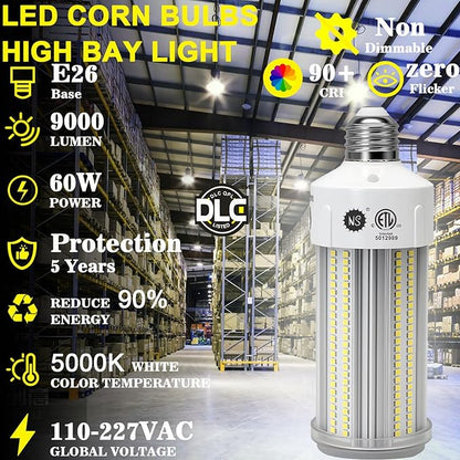 NS LED Corn Light Bulbs 9000 Lumens Super Bright (600W Equivalent), A19 60W E26 5000K Daylight, Energy Saving 90%, Non-Dimmable (1-Set)-for Home Workshop