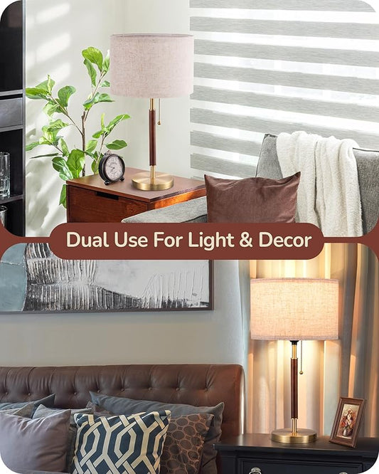 EDISHINE Mid Century Table Lamp, Bedside Lamp with Pull Chain Switch, Solid Wood & Metal Pole, Modern Nightstand Table Lamp for Living Room, Bedroom, Office, Frosted Bronze & Wood Finish