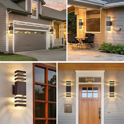 DASTOR Up and Down Outdoor Wall Lights, 3-Layer Brown Modern Outdoor Lights for House, Waterproof Exterior Light Fixture Wall Mount Outdoor Lighting for Porch Garage, 2 Pack