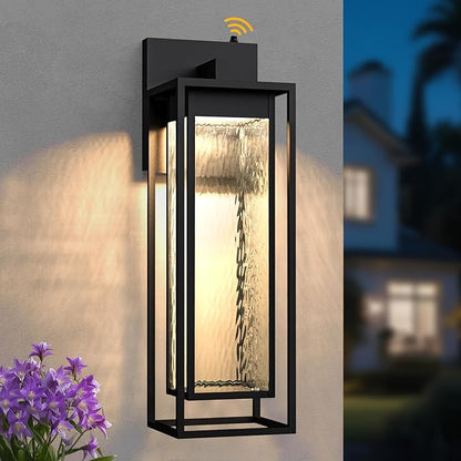 𝟐𝟑𝐈𝐍𝐂𝐇 Extra Large Dusk to Dawn LED Outdoor Light, Black Front Door Light, Rippled Glass Wall Sconce Waterproof Exterior Lighting Fixtures, Outdoor Lights for House Garage Patio
