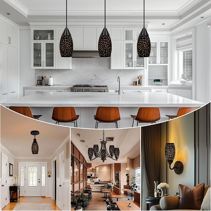 Pendant Light Lamp Shade Replacement with 1-5/8" Fitter, ALUCSET Metal Lampshade Height 7.8 in Diameter 4.7 in Oval Shaped Etched Cover for Pendant Kitchen Wall Sconce Chandelier Vanity Light 1-Pack