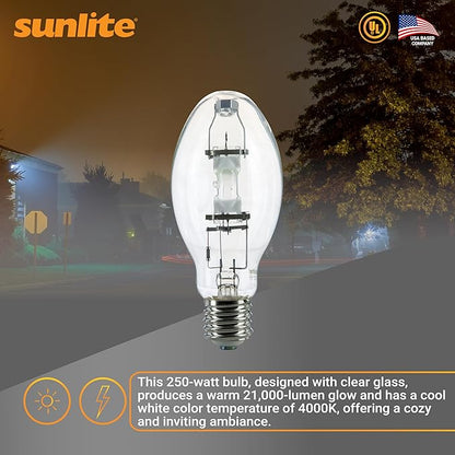 Sunlite MH250/U/MOG M58 Metal Halide Lamp, 250 Watts, Mogul Base (E39), ED28, 15,000 Hour Life Span, 21000 Lumen, Clear Finish, 4000K, 2 Pack