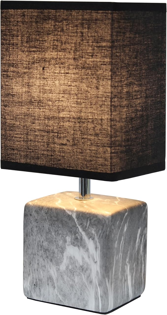 Simple Designs LT1217-BOB 11.81" Mini Marble Ceramic Cube Table Lamp, for Living Room, Bedroom, Office, Black with Black Shade