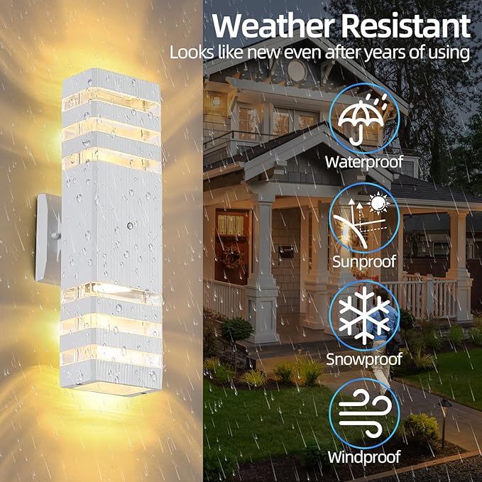 Dusk to Dawn Outdoor Wall Lights Modern Exterior Lighting Fixtures, 2 Pack White Outside Lights for House, Up and Down Porch Lights Outdoor Waterproof Sconces Wall Lighting for Garage Patio