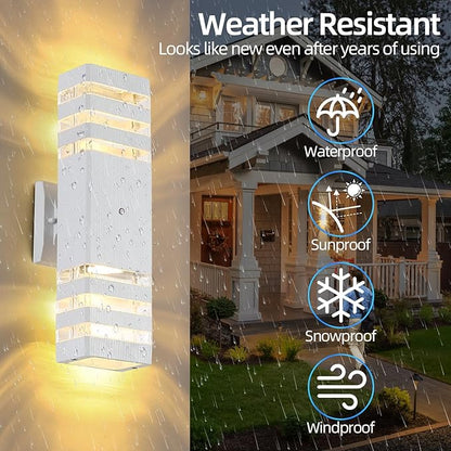 Dusk to Dawn Outdoor Wall Lights Modern Exterior Lighting Fixtures, 2 Pack White Outside Lights for House, Up and Down Porch Lights Outdoor Waterproof Sconces Wall Lighting for Garage Patio