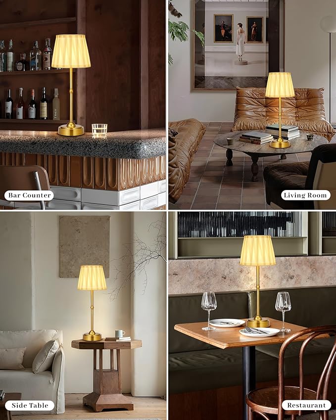 Cordless Battery Operated Table lamp Set of 2, 6000mAh Rechargeable Small Bedside Lamp, Gold Desk Lamp for Living Room Dining Room, Bedroom, Bedside, Balcony