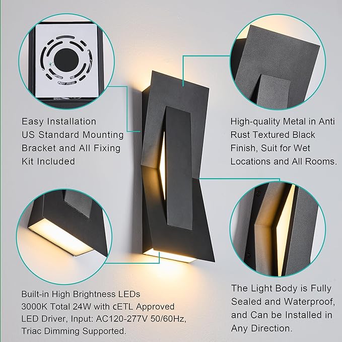 Modern Dimmable LED Up Down Wall Light,120-277V,CRI 90+,2200LM 3000K,IP65 Waterproof, 10%-100% Dimmable for Commercial & Home Outdoor or Indoor, 15 Inch Porch & Patio Wall Mount.