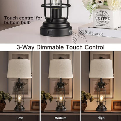 Black Table Lamps Set of 2, 28.5" Farmhouse Lamps for Living Room with USB C+A Ports, Touch Lamps for Bedroom, LED Bulbs Included