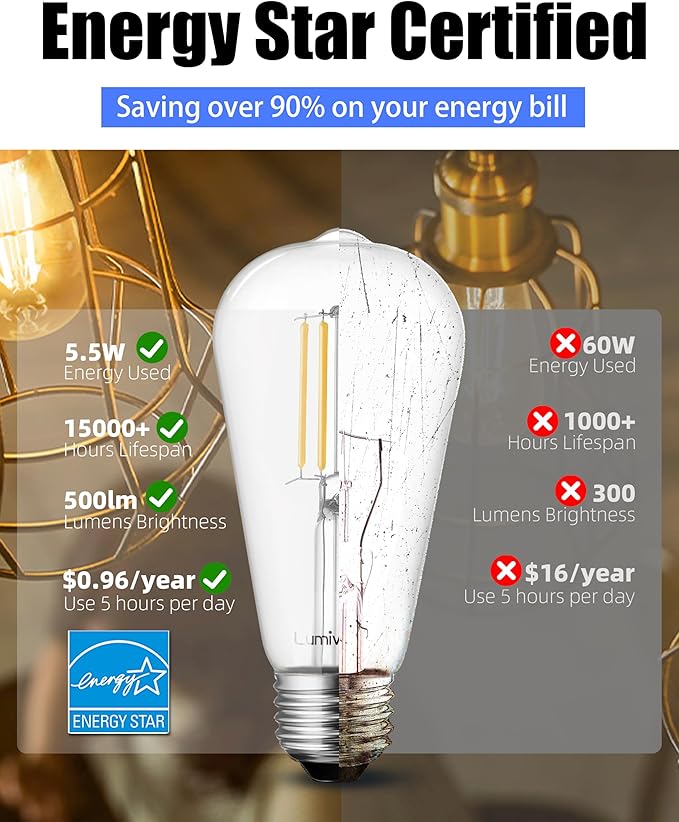 ST19 Dimmable LED Edison Bulb, 5.5W (60W Equivalent) 500LM CRI 95+, 4000K Cool White, E26 Medium Base Vintage Filament, Clear Glass, Standard Type A Lamp for Kitchen, Bathroom, Bedroom, 6 Pack