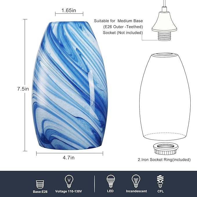 Glass Pendant Lamp Shade 4.72" Dark Blue Marble Art Glass Chandeliers Shade Mini Oval Light Shade Replacement Lamp Shade Only Light Fixtures for Kitchen Island 1-Pack