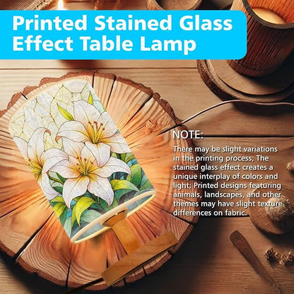 Lilies Table Lamp LED 3-Color Pressed Bedside, Lilies Shade Lamp with Wood Base for Bedroom Living Room Desk Office TL01