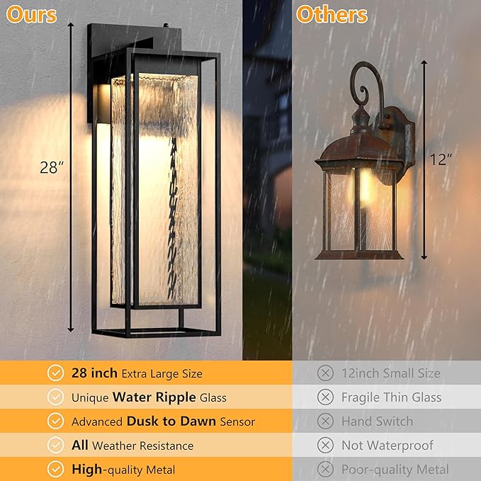 28INCH Giant LED Porch Lights Outdoor, Black Dusk to Dawn Outdoor Lighting, Waterproof Exterior Wall Mount Lantern Sconce, Outside Wall Light for House Doorway Front Door