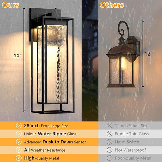 28INCH Giant LED Porch Lights Outdoor, Black Dusk to Dawn Outdoor Lighting, Waterproof Exterior Wall Mount Lantern Sconce, Outside Wall Light for House Doorway Front Door