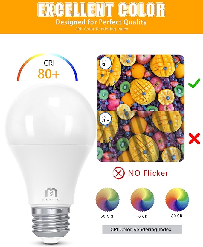 MASTERY MART A19 LED Bulbs 60 Watt Equivalent, 9W Non-Dimmable, Flicker-Free, 800 Lumens, Soft White 2700K, E26 Base, 10000 Hours, Energy Saving, Bright for Living Room, Bedroom, 6 Pack